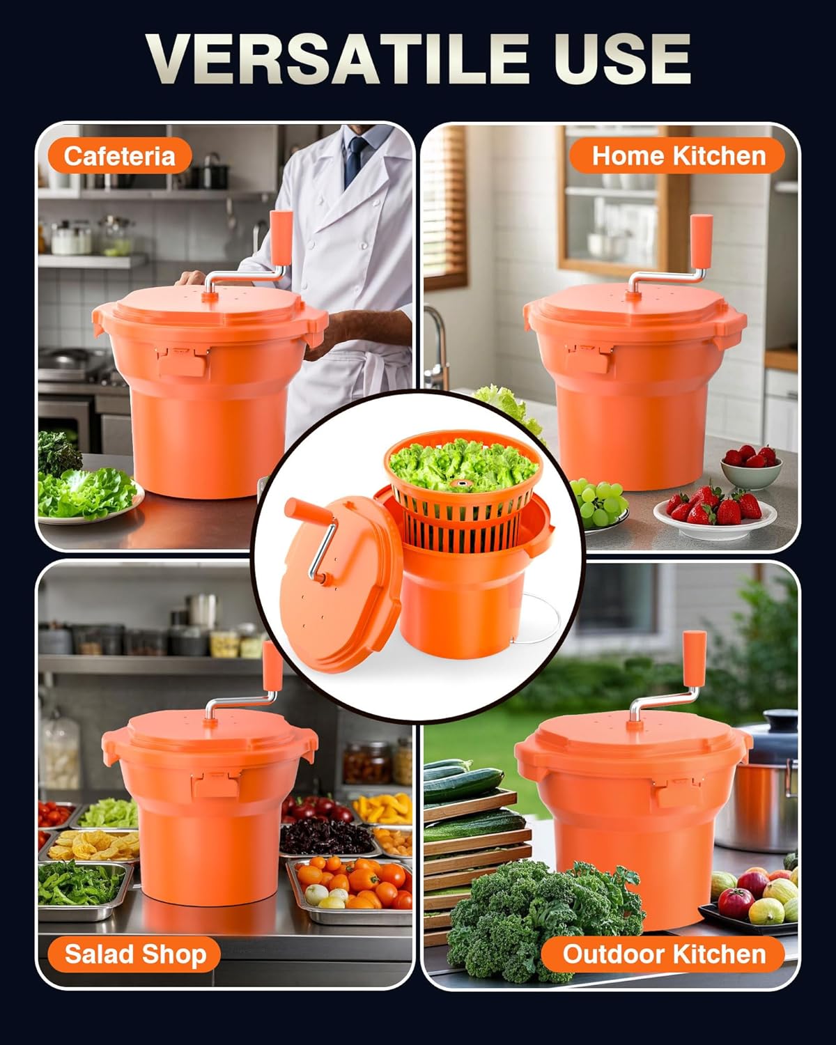 Commercial Salad Spinner - 2.3 Gallon Salad Dryer w/Silicone Anti-slip Mat & Draining Hose, 8Qt Manual Salad Spinner for 3 Heads of Lettuce Spinner Large for Catering