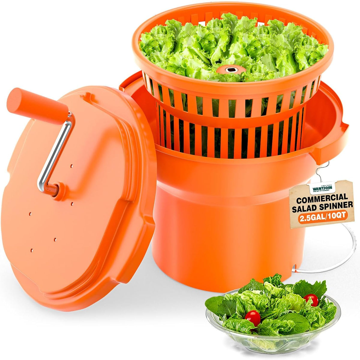 Commercial Salad Spinner - 2.3 Gallon Salad Dryer w/Silicone Anti-slip Mat & Draining Hose, 8Qt Manual Salad Spinner for 3 Heads of Lettuce Spinner Large for Catering