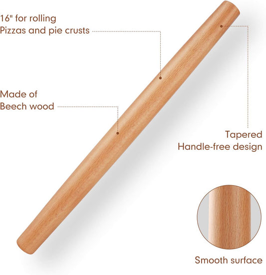 Wood French Rolling Pin for Baking, QUELLANCE Wooden Dough Roller with Silicone Baking Mat, Beech Wood Rolling Pins for Baking Dough, Pizza, Pie, Pastries, Pasta and Cookies,Red Pastry Mat