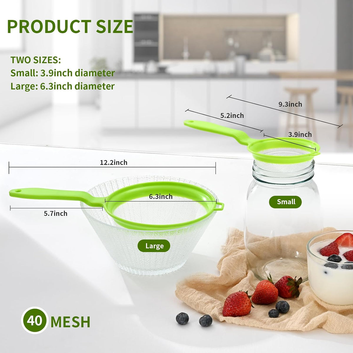 Kefir Strainer Set, 2-Size Plastic Non-Metal Sieve with Fine Mesh
