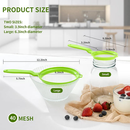 Kefir Strainer Set, 2-Size Plastic Non-Metal Sieve with Fine Mesh