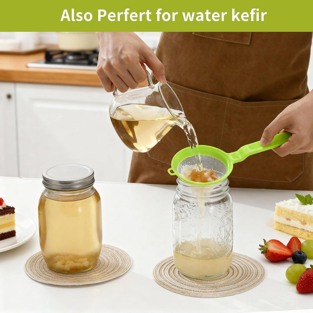 Kefir Strainer Set, 2-Size Plastic Non-Metal Sieve with Fine Mesh
