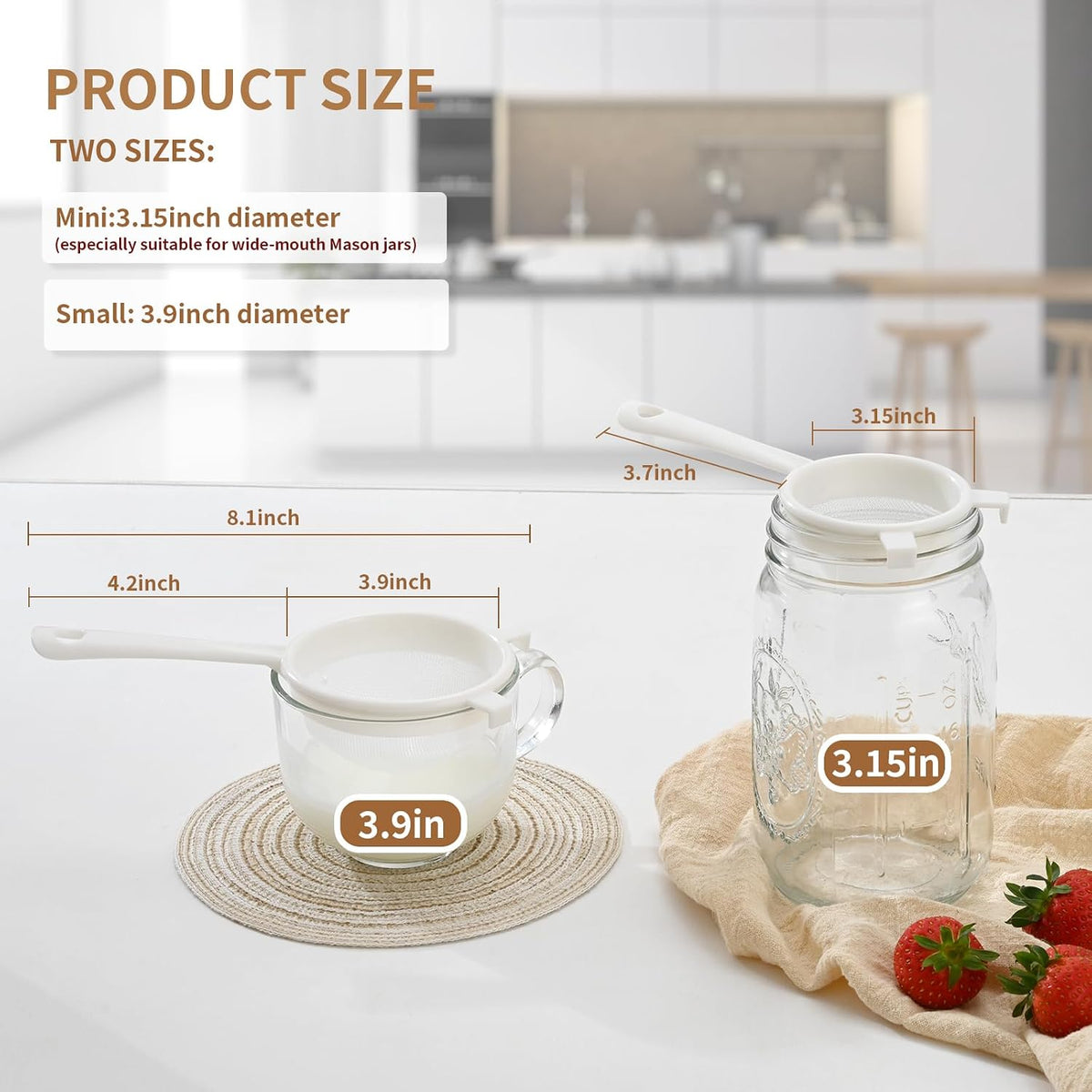Kefir Strainer Set, 2-Size Plastic Non-Metal Sieve with Fine Mesh