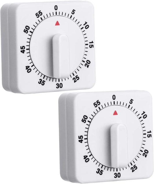2 Pcs Square 60 Minute Mechanical Kitchen Timer, White | Loud Alarm, No Batteries Required, Visual Countdown, Mini Cooking Timer, Fit for Baking, Kitchen, Homework, Exercise