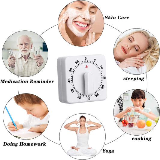 2 Pcs Square 60 Minute Mechanical Kitchen Timer, White | Loud Alarm, No Batteries Required, Visual Countdown, Mini Cooking Timer, Fit for Baking, Kitchen, Homework, Exercise