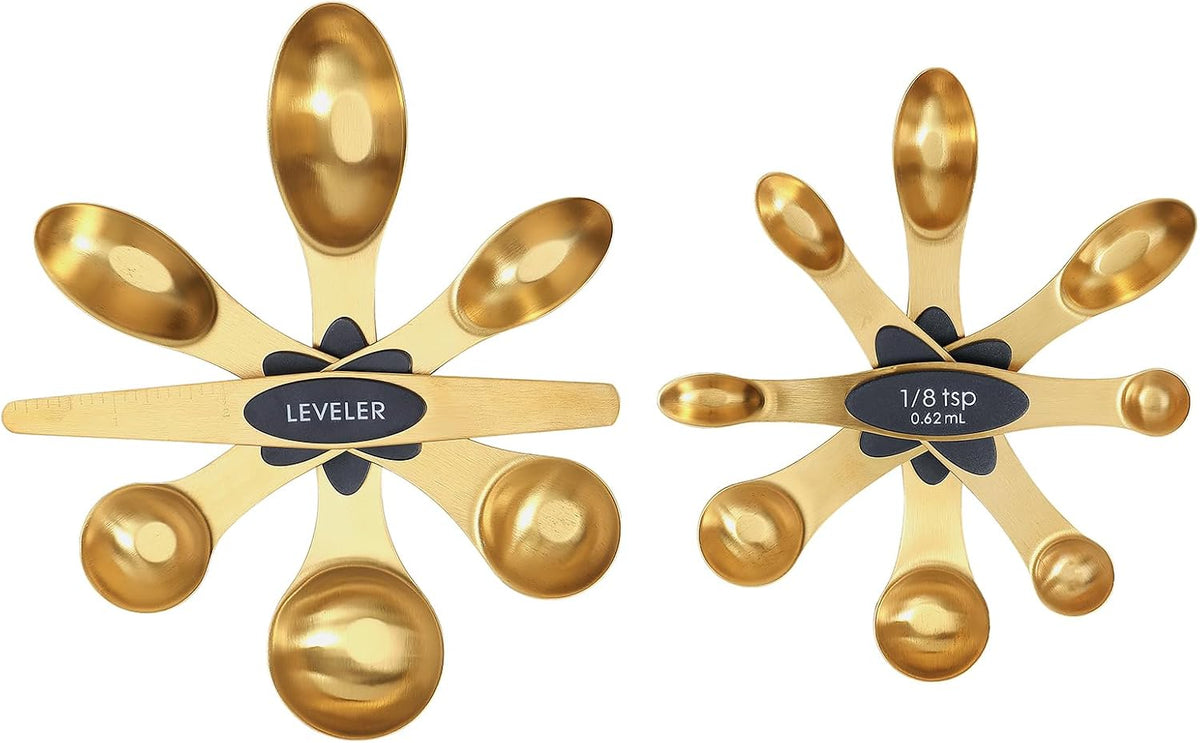 Magnetic Measuring Spoons Set, Stainless Steel, Dual Sided, Stackable, Dual Sided for Measuring Dry and Liquid Ingredients, Fits in Spice Jars, Set of 8（Gold ）
