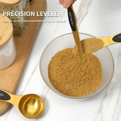 Magnetic Measuring Spoons Set, Stainless Steel, Dual Sided, Stackable, Dual Sided for Measuring Dry and Liquid Ingredients, Fits in Spice Jars, Set of 8（Gold ）