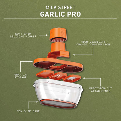 Milk Street Garlic Pro – Safe, Easy Garlic Slicer & Grater with Odor-Proof Hopper and Storage Base – Includes 3 Snap-In Attachments for Effortless Prep