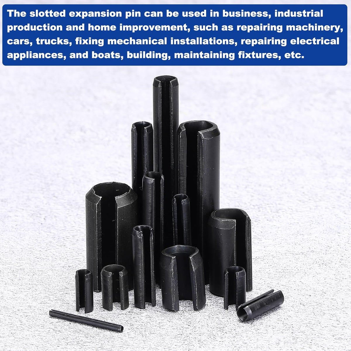 25Pcs Slotted Split Roll Pins 1/2 Inch(12mm) Dia. 1-2/5 Inch(35mm) Length 65Mn Steel Spring Tension Expansion Dowels for Secure Fastening, Black - Colors A