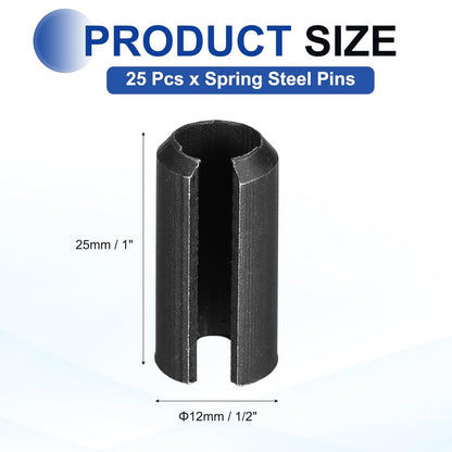 25Pcs Slotted Split Roll Pins 1/2 Inch(12mm) Dia. 1-2/5 Inch(35mm) Length 65Mn Steel Spring Tension Expansion Dowels for Secure Fastening, Black - Colors A