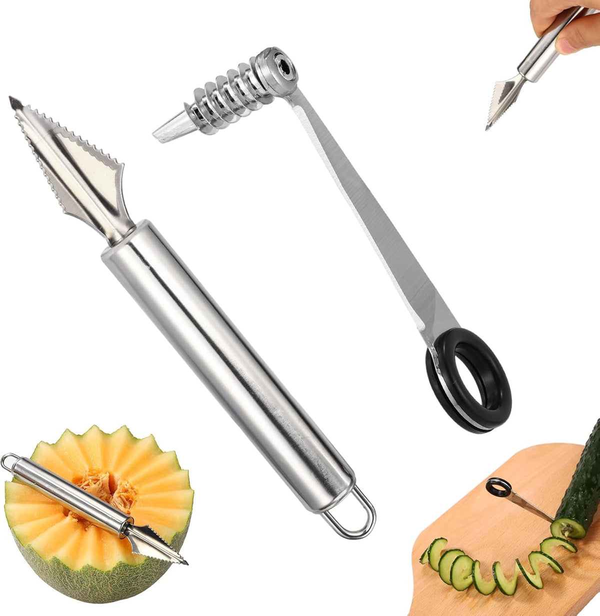 Kitchen Spiral and V-Shaped Tools Set, Vegetable Spiral Cutter and V Shape Fruit Carving Tool for Potatoes Slicing or Melon Engraving Kitchen Creative Spiralizer Cooking Tools