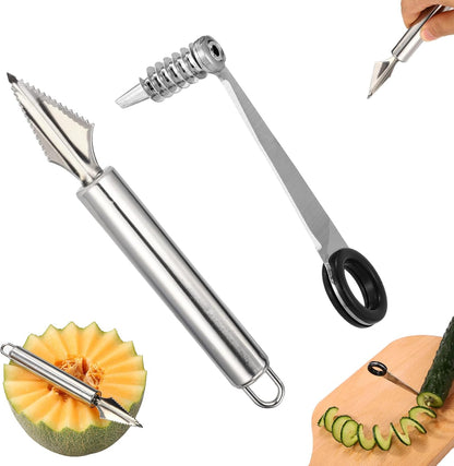 Kitchen Spiral and V-Shaped Tools Set, Vegetable Spiral Cutter and V Shape Fruit Carving Tool for Potatoes Slicing or Melon Engraving Kitchen Creative Spiralizer Cooking Tools