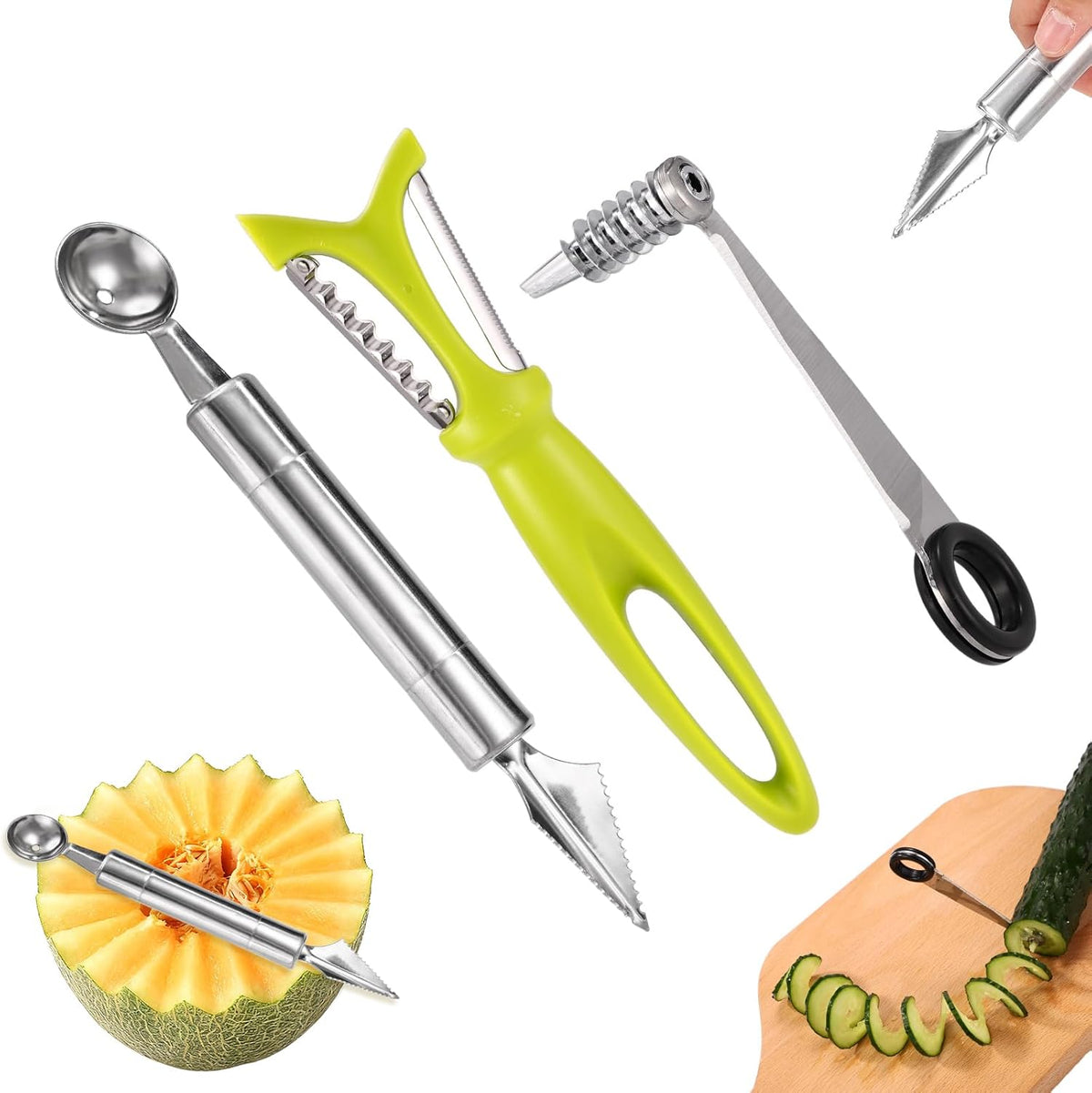 Kitchen Spiral and V-Shaped Tools Set, Vegetable Spiral Cutter and V Shape Fruit Carving Tool for Potatoes Slicing or Melon Engraving Kitchen Creative Spiralizer Cooking Tools