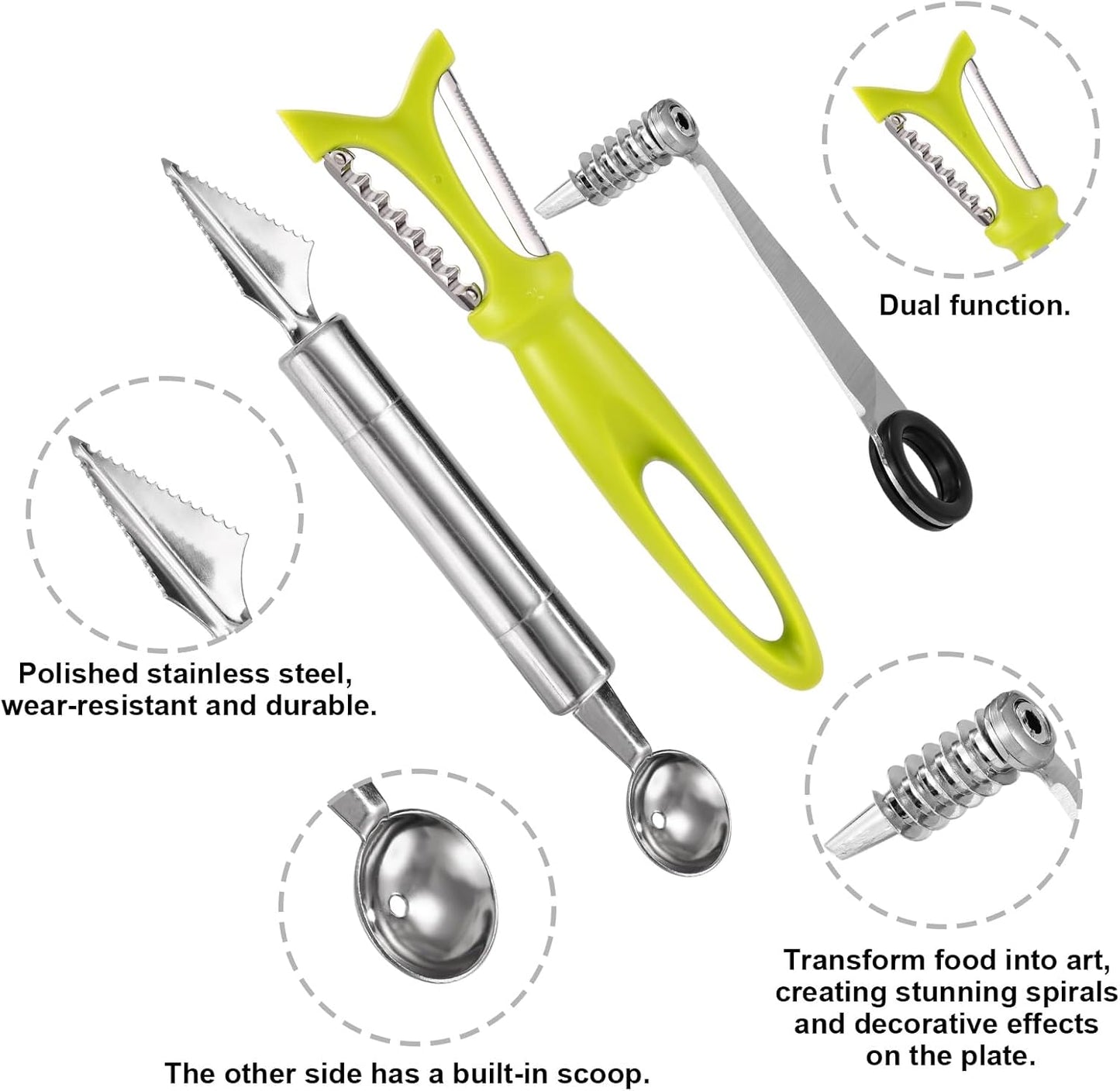 Kitchen Spiral and V-Shaped Tools Set, Vegetable Spiral Cutter and V Shape Fruit Carving Tool for Potatoes Slicing or Melon Engraving Kitchen Creative Spiralizer Cooking Tools