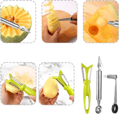 Kitchen Spiral and V-Shaped Tools Set, Vegetable Spiral Cutter and V Shape Fruit Carving Tool for Potatoes Slicing or Melon Engraving Kitchen Creative Spiralizer Cooking Tools