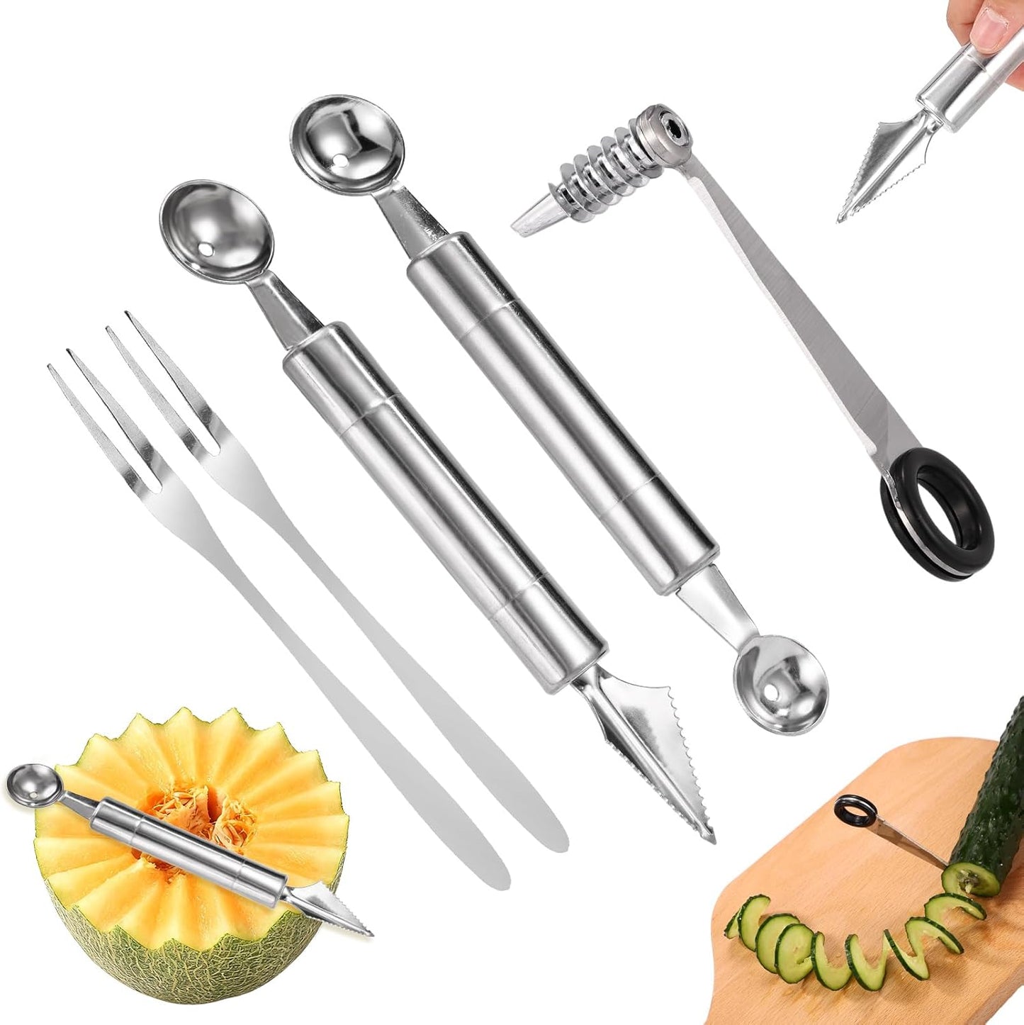 Kitchen Spiral and V-Shaped Tools Set, Vegetable Spiral Cutter and V Shape Fruit Carving Tool for Potatoes Slicing or Melon Engraving Kitchen Creative Spiralizer Cooking Tools