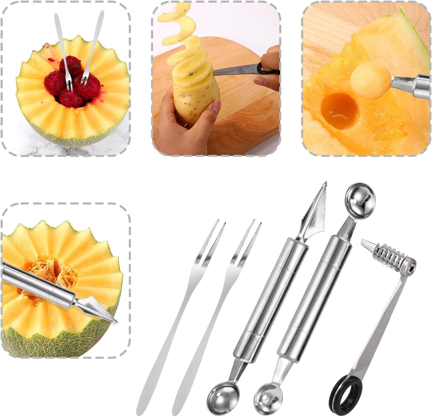 Kitchen Spiral and V-Shaped Tools Set, Vegetable Spiral Cutter and V Shape Fruit Carving Tool for Potatoes Slicing or Melon Engraving Kitchen Creative Spiralizer Cooking Tools