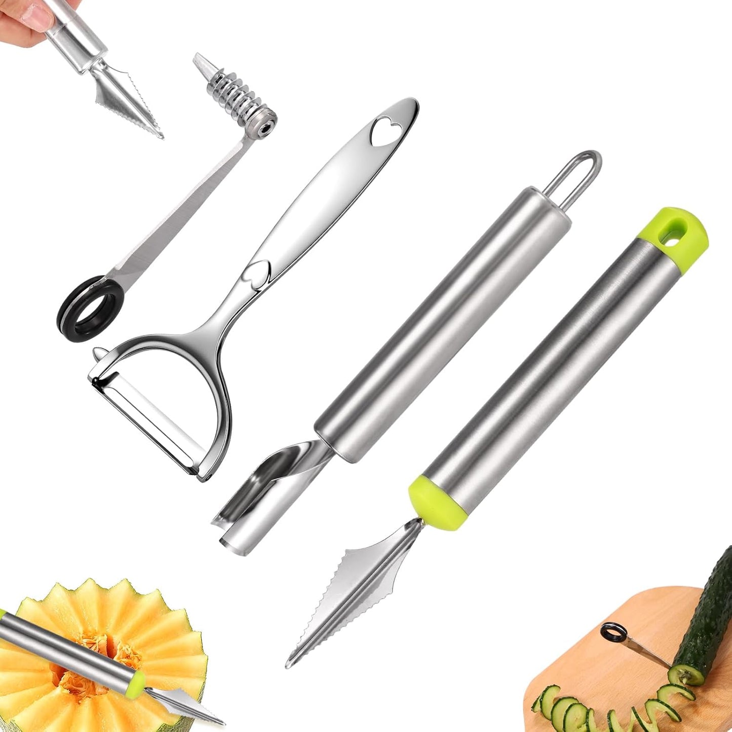 Kitchen Spiral and V-Shaped Tools Set, Vegetable Spiral Cutter and V Shape Fruit Carving Tool for Potatoes Slicing or Melon Engraving Kitchen Creative Spiralizer Cooking Tools