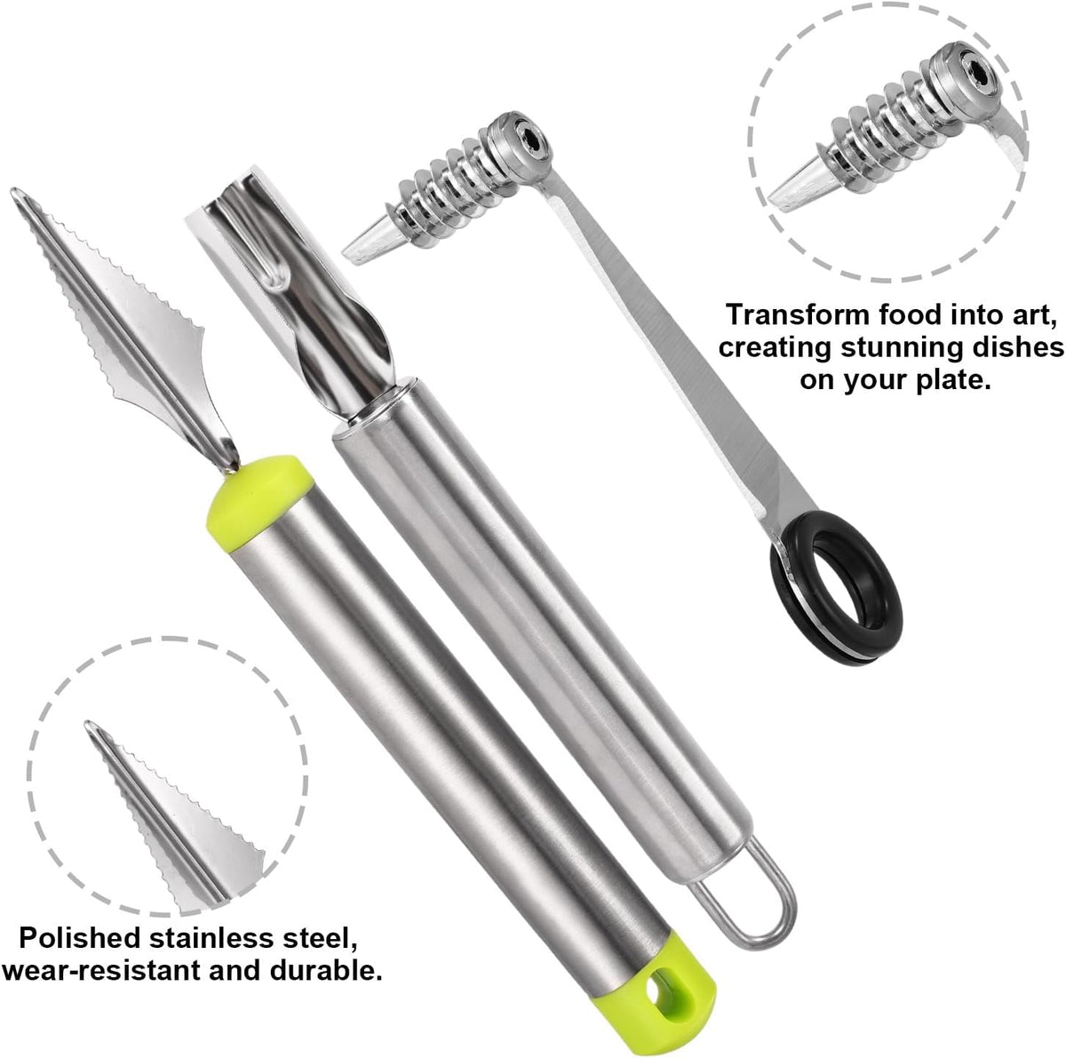 Kitchen Spiral and V-Shaped Tools Set, Vegetable Spiral Cutter and V Shape Fruit Carving Tool for Potatoes Slicing or Melon Engraving Kitchen Creative Spiralizer Cooking Tools