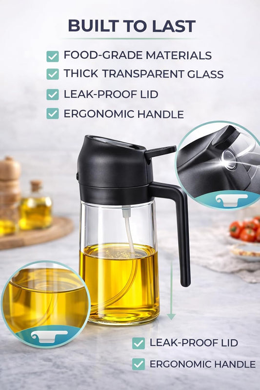 Olive Oil Sprayer, 16oz/470ml Glass Oil Sprayer for Cooking, 2-in-1 Oil Dispenser Bottle & Oil Mister for Air Fryer, Salad Dressing, Frying, BBQ, Grilling, Kitchen Use