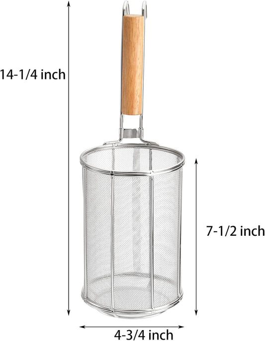 Spaghetti Pasta Strainer Spoon, Stainless Steel Noodle Strainer with Wood Handle, Kitchen Mesh Spider Strainer Food Strainer, Deep Fry Basket for Rinsing, Straining, Draining