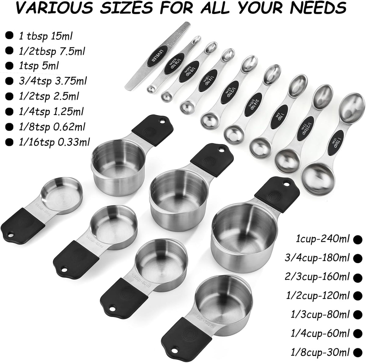 Magnetic Measuring Cups and Spoons Set of 16 Includes 7pcs Stainless Stee Stackable Nesting Magnetic Measuring Cup 9pcs Magnetic Measuring Spoon for Dry and Liquid Ingredients