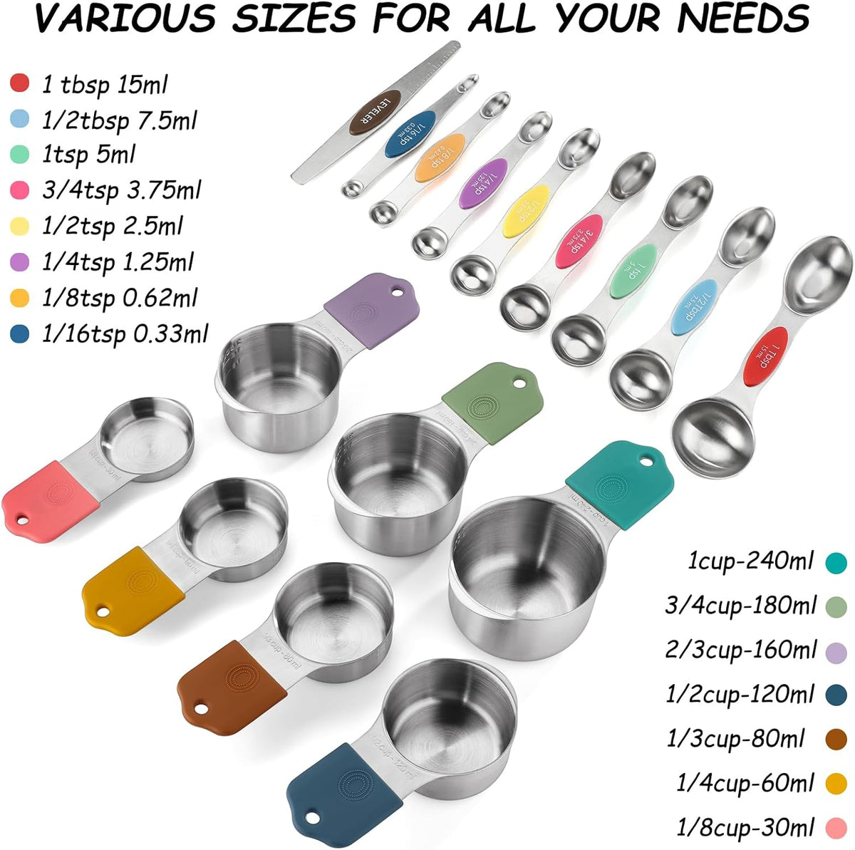 Magnetic Measuring Cups and Spoons Set of 16 Includes 7pcs Stainless Stee Stackable Nesting Magnetic Measuring Cup 9pcs Magnetic Measuring Spoon for Dry and Liquid Ingredients