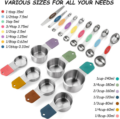 Magnetic Measuring Cups and Spoons Set of 16 Includes 7pcs Stainless Stee Stackable Nesting Magnetic Measuring Cup 9pcs Magnetic Measuring Spoon for Dry and Liquid Ingredients