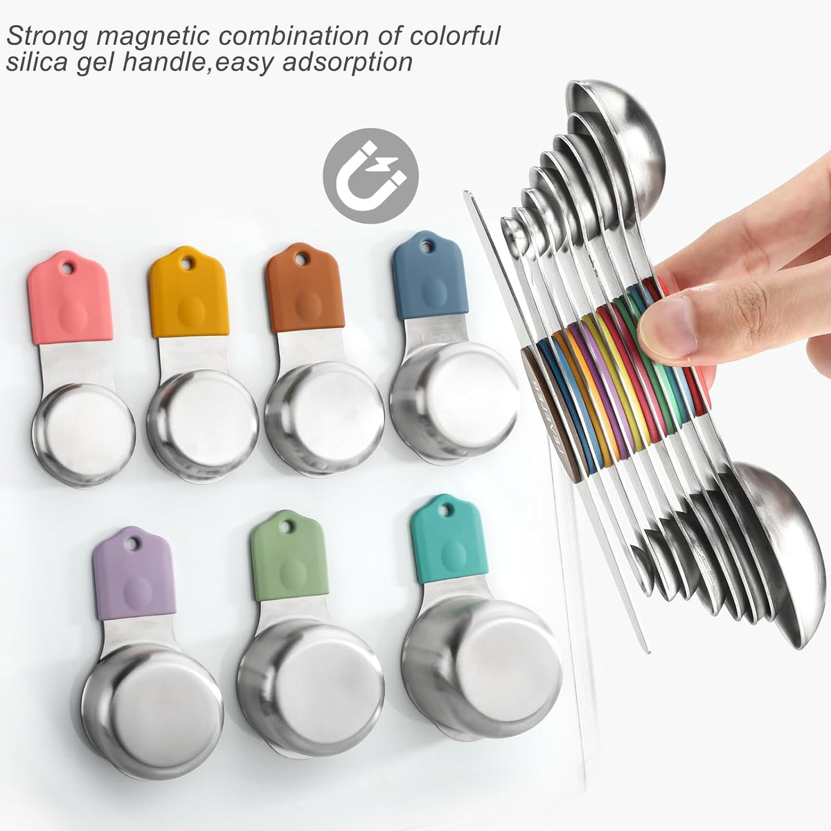 Magnetic Measuring Cups and Spoons Set of 16 Includes 7pcs Stainless Stee Stackable Nesting Magnetic Measuring Cup 9pcs Magnetic Measuring Spoon for Dry and Liquid Ingredients