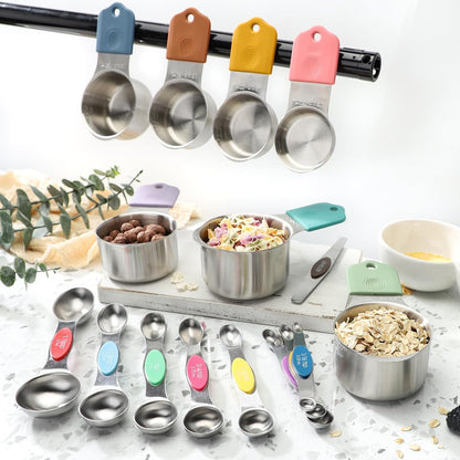 Magnetic Measuring Cups and Spoons Set of 16 Includes 7pcs Stainless Stee Stackable Nesting Magnetic Measuring Cup 9pcs Magnetic Measuring Spoon for Dry and Liquid Ingredients