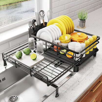 Dish Drying Rack - Extendable Dish Rack, Large Sink Drying Dish Drainer for Kitchen Counter, Stainless Steel Dish Strainer with Utensil Holder (Black)