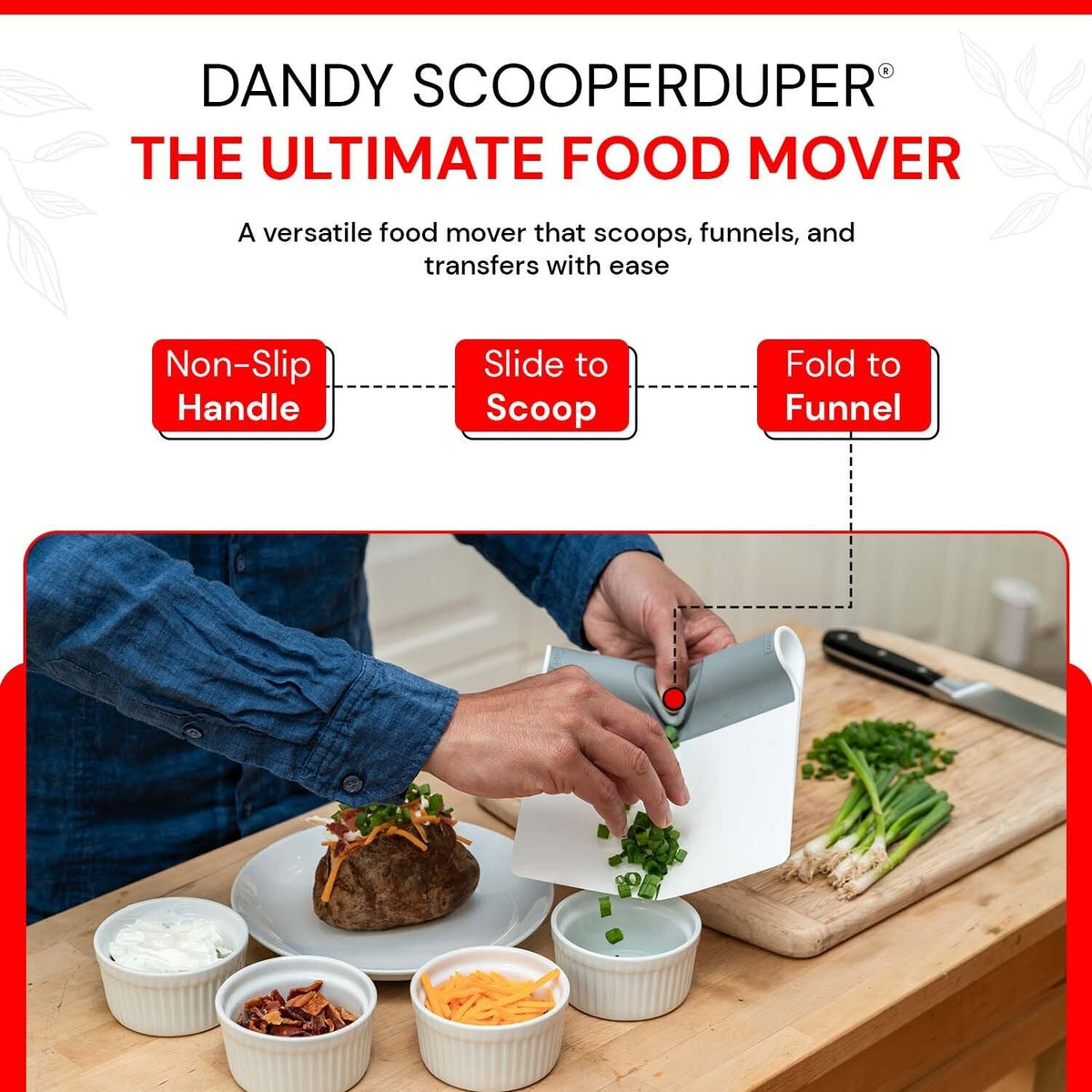 ScooperDuper - Multi-Purpose Folding Food Mover, Bench Scraper, Dough Scraper, Food Scraper Tool, User-Friendly Kitchen Gadget for Cutting Board and Chef’s Knife