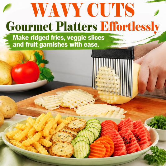 FANTEXY Large Crinkle Cutter for Veggies, Stainless Steel Wave Cutter | Wavy Chopper, French Fry and Waffle Fry Cutter for Potatoes, Carrots, Stainless Steel, Crinkle Cut Fries Tool