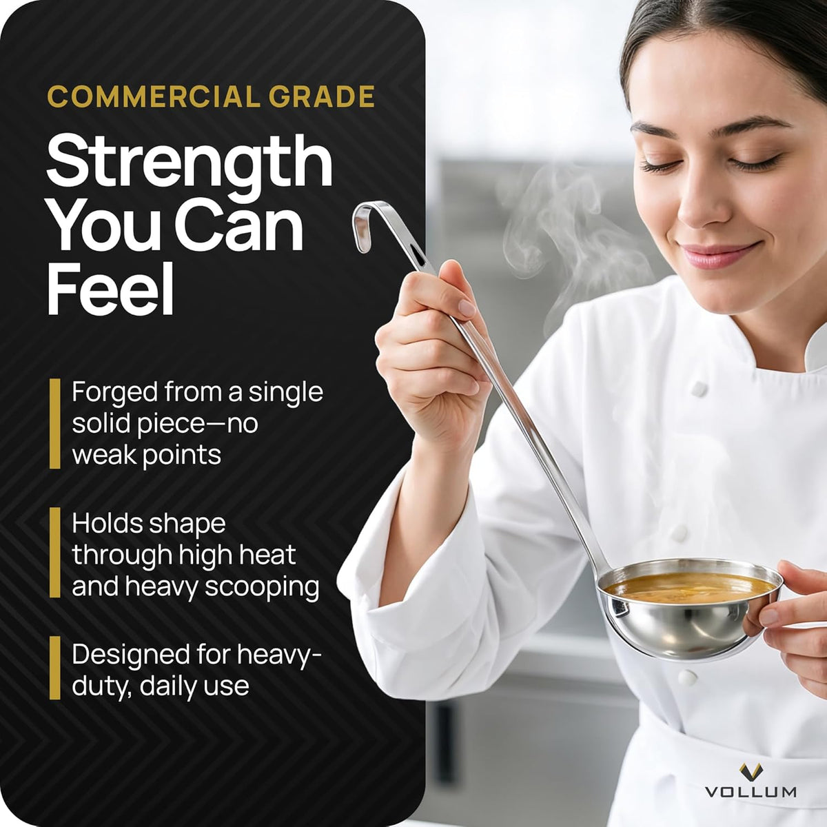 Stainless Steel Ladle Heavy Duty Commercial 8 Oz | One-piece construction with a 3.9-inch bowl diameter and 15.1-inch handle for professional kitchen durability.