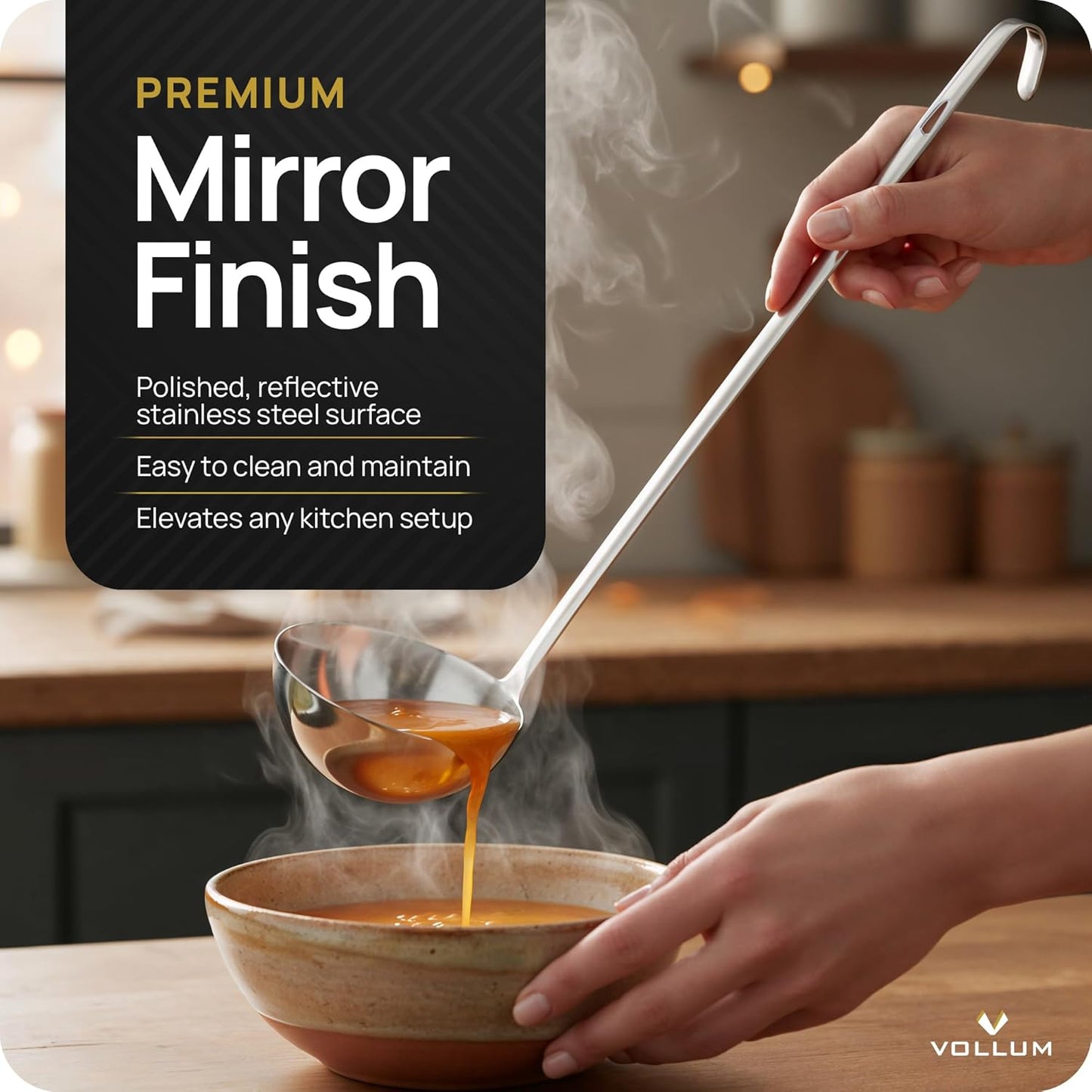 Stainless Steel Ladle Heavy Duty Commercial 8 Oz | One-piece construction with a 3.9-inch bowl diameter and 15.1-inch handle for professional kitchen durability.
