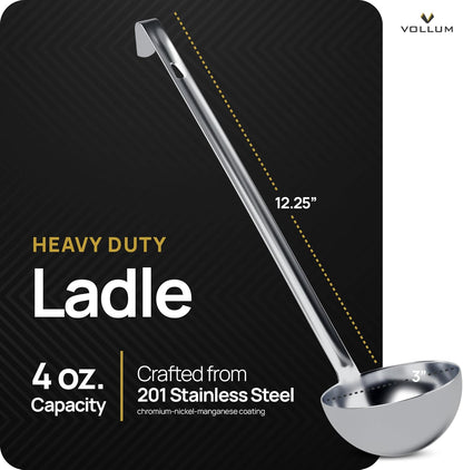 Stainless Steel Ladle Heavy Duty Commercial 8 Oz | One-piece construction with a 3.9-inch bowl diameter and 15.1-inch handle for professional kitchen durability.