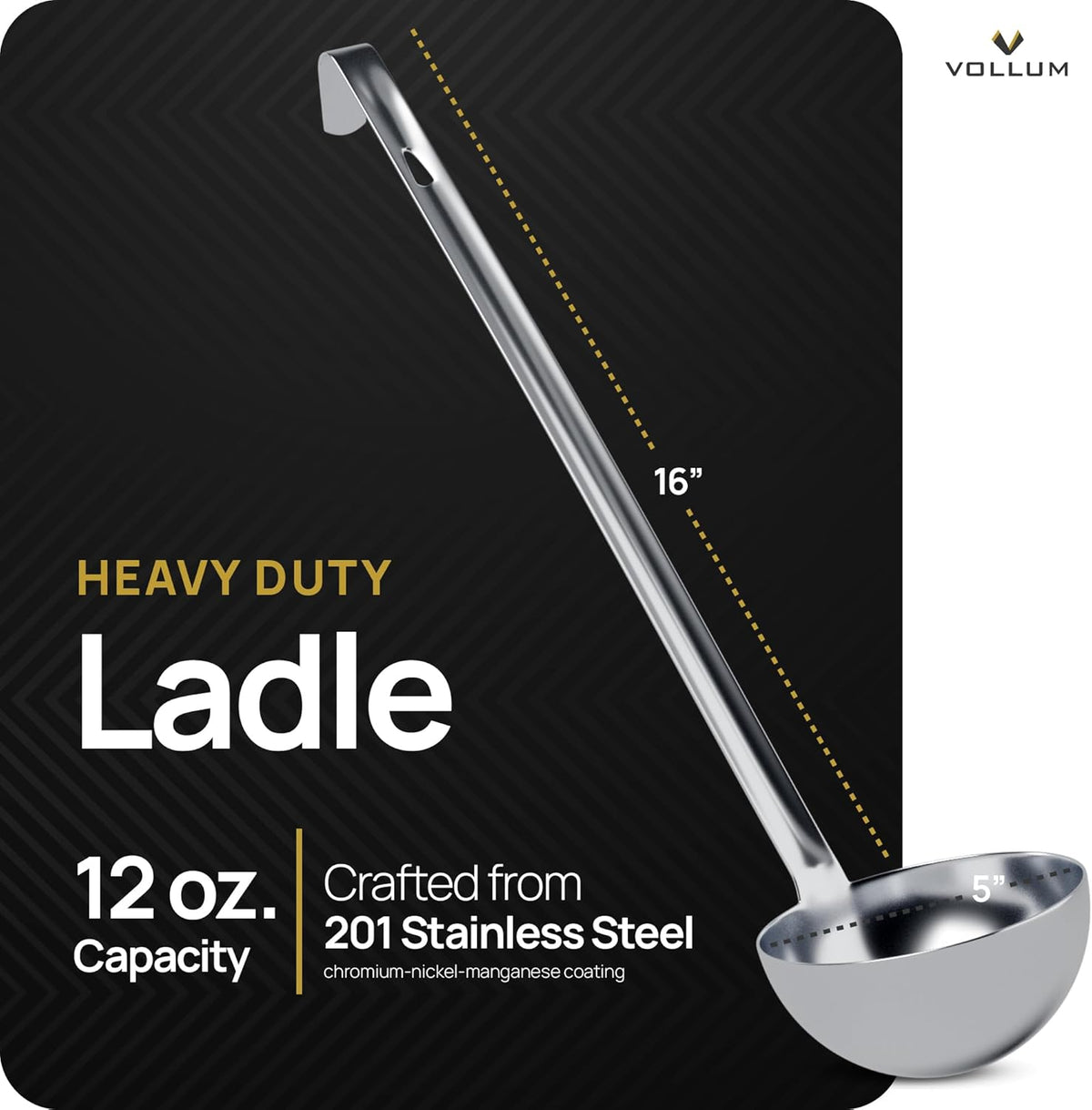 Stainless Steel Ladle Heavy Duty Commercial 8 Oz | One-piece construction with a 3.9-inch bowl diameter and 15.1-inch handle for professional kitchen durability.