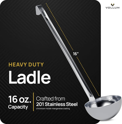 Stainless Steel Ladle Heavy Duty Commercial 8 Oz | One-piece construction with a 3.9-inch bowl diameter and 15.1-inch handle for professional kitchen durability.