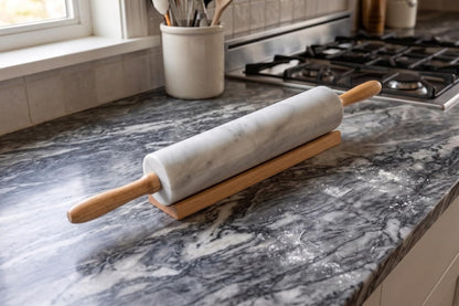 Fox Run Polished Marble Rolling Pin with Wooden Cradle, 10-Inch Barrel, White