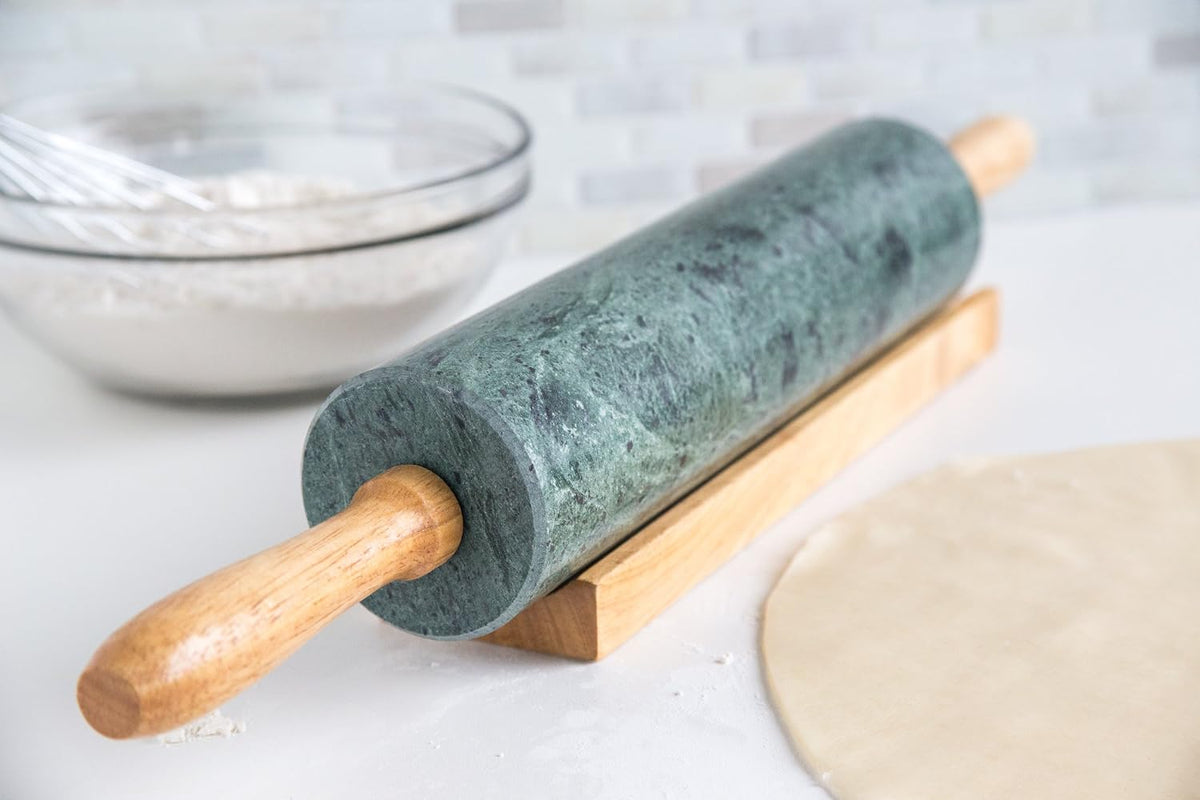 Fox Run Polished Marble Rolling Pin with Wooden Cradle, 10-Inch Barrel, White