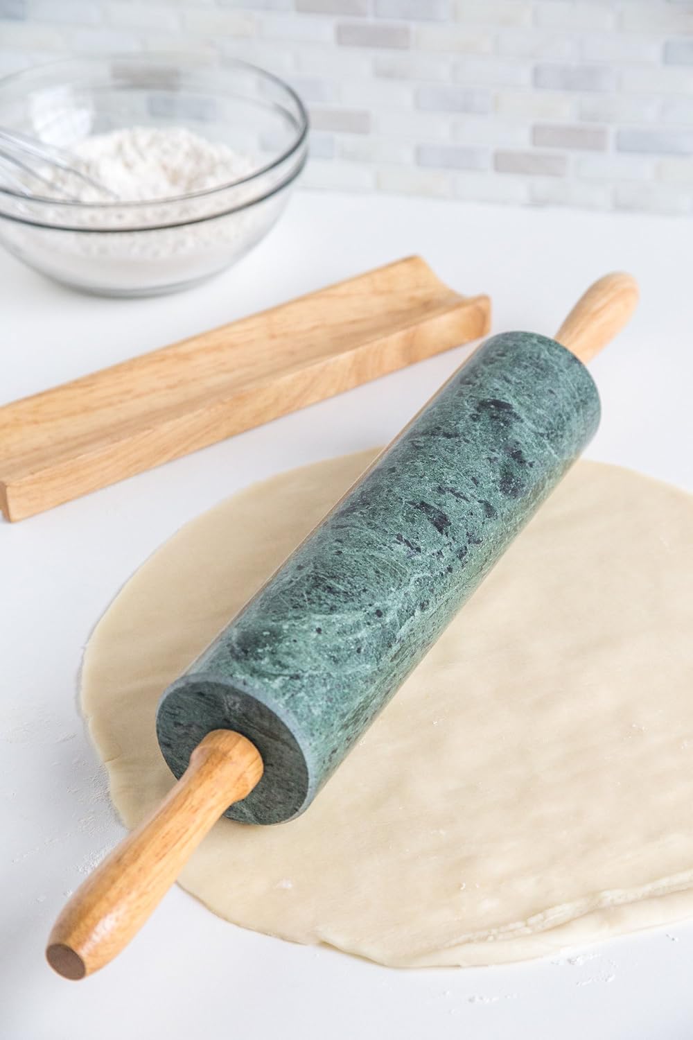 Fox Run Polished Marble Rolling Pin with Wooden Cradle, 10-Inch Barrel, White