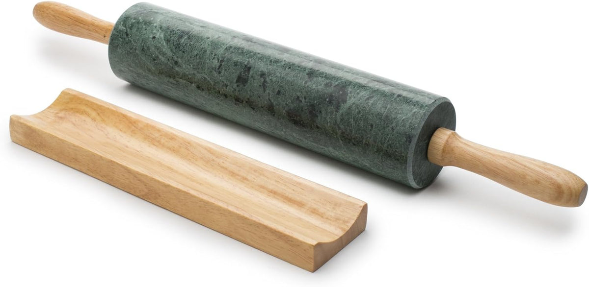Fox Run Polished Marble Rolling Pin with Wooden Cradle, 10-Inch Barrel, White