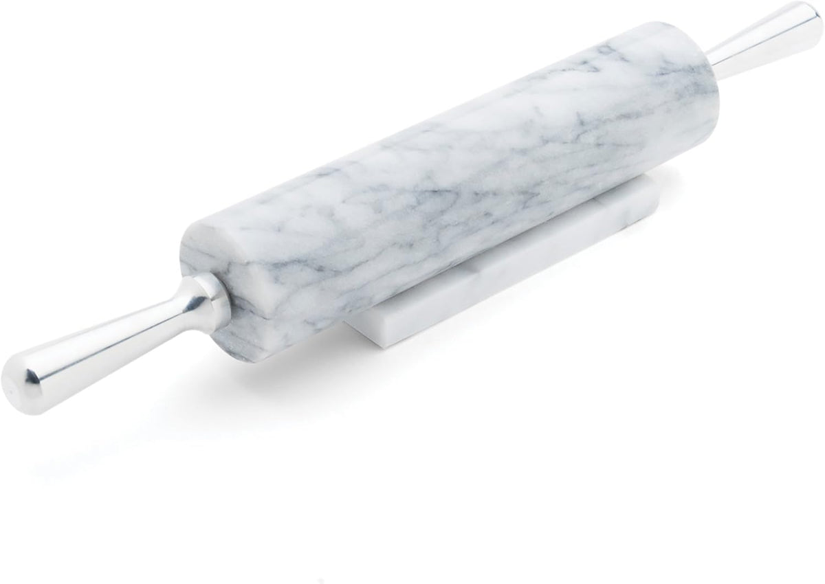 Fox Run Polished Marble Rolling Pin with Wooden Cradle, 10-Inch Barrel, White