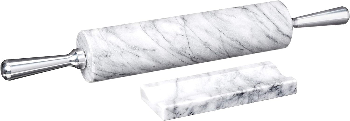 Fox Run Polished Marble Rolling Pin with Wooden Cradle, 10-Inch Barrel, White