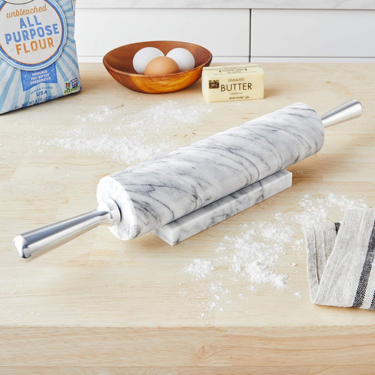 Fox Run Polished Marble Rolling Pin with Wooden Cradle, 10-Inch Barrel, White