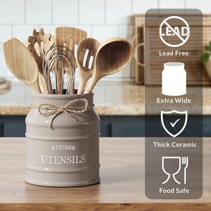 Ceramic Farmhouse Utensil Holder for Kitchen Counter, Large Rustic Utensil Crock, Countertop Cooking Tool Spatula Organizer, 6.75” (Taupe)