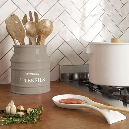 Ceramic Farmhouse Utensil Holder for Kitchen Counter, Large Rustic Utensil Crock, Countertop Cooking Tool Spatula Organizer, 6.75” (Taupe)