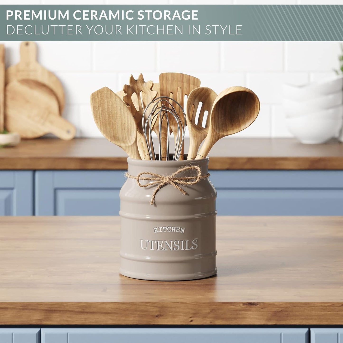 Ceramic Farmhouse Utensil Holder for Kitchen Counter, Large Rustic Utensil Crock, Countertop Cooking Tool Spatula Organizer, 6.75” (Taupe)