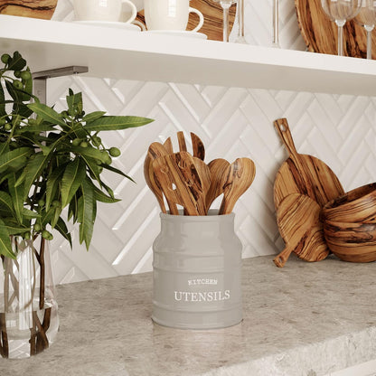 Ceramic Farmhouse Utensil Holder for Kitchen Counter, Large Rustic Utensil Crock, Countertop Cooking Tool Spatula Organizer, 6.75” (Taupe)