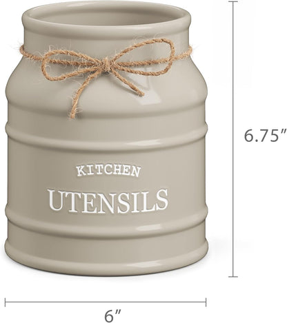 Ceramic Farmhouse Utensil Holder for Kitchen Counter, Large Rustic Utensil Crock, Countertop Cooking Tool Spatula Organizer, 6.75” (Taupe)